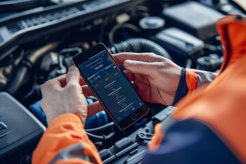 Car Owner Using Smartphone App for Vehicle Engine Health Diagnostics and Monitoring