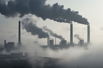 Wall Mural - Smog from factory smokestacks spreads over industrial area, symbolizing environmental issues