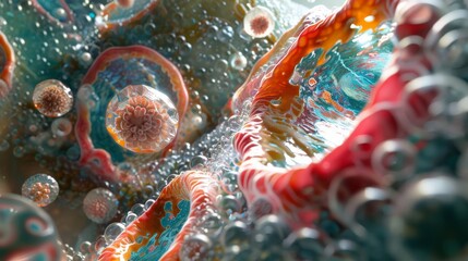 A microscopic view of cells and microorganisms, revealing the intricate and complex world of biology.