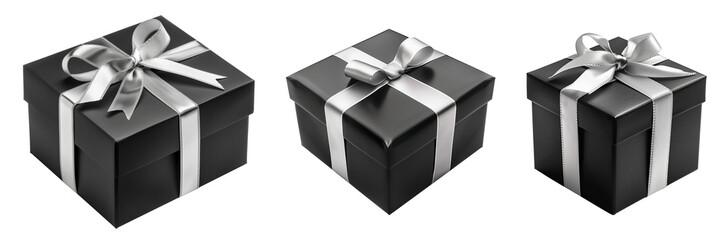 Black gift box with silver ribbon isolated on transparent background