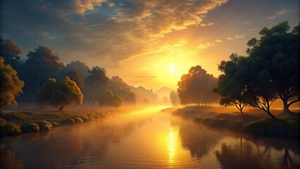 Wall Mural - Sunrise casting a golden glow over the tranquil river, sunrise, river, water, nature, morning, peaceful, tranquility, reflection, sky, dawn, scenic, landscape, sunlight, beauty, calm