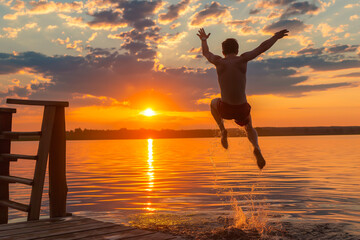 Young man jumping into the lake in sunset