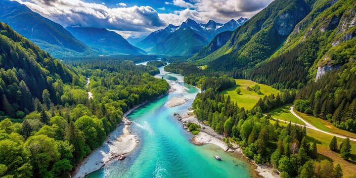 Aerial view of Soca river winding through the scenic Soca valley in Slovenia, Soca river, Soca valley, Slovenia, aerial view, drone, clear water, nature, landscape, turquoise, flowing