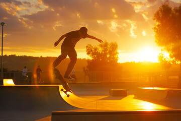 Young skateboarder doing kickflip in a skatepark at sunset