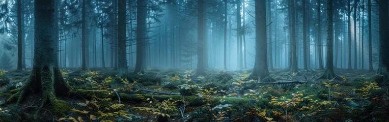 Wall Mural - Mystical Foggy Black Forest Landscape View with Tall Trees and Panoramic Banner in Schwarzwald, Germany