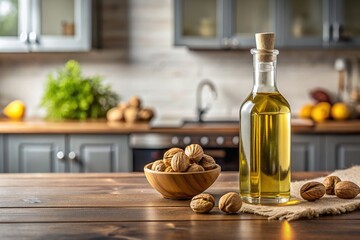 Poster - Walnut oil bottle and walnuts on a table in a modern kitchen , cooking, food, healthy, organic, ingredient, culinary, gourmet, natural, nutrition, culinary, rustic, kitchen, walnut, nut