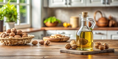Wall Mural - Walnut oil bottle next to walnuts in modern kitchen setting, walnut oil, bottle, walnuts, table, modern kitchen, healthy, cooking, ingredients, food, organic, natural, gourmet, culinary