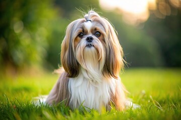 Wall Mural - Adorable Shih Tzu dog with long flowing fur sitting on a grassy field, Shih Tzu, dog, fluffy, cute, pet, small breed, long hair, playful, loyal, companion, adorable, furry, sitting, grass