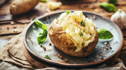 Baked potato topped with butter, herbs, and seasoning served on a rustic plate. Garnished with fresh basil leaves