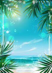 Wall Mural - This is a nature background with a tropical golden beach with rays of sunlight and leaf palms. Slight close-up of the golden sand beach, a blue sky, white clouds, and the golden rays of sunlight.