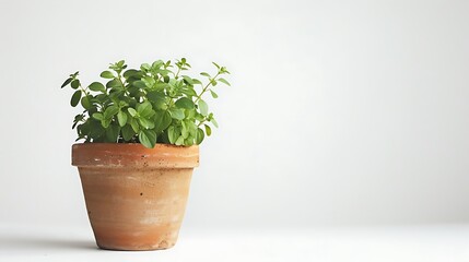 A cute oregano plant in a clay pot against a white background.
