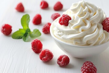 Classic whipped cream with fresh raspberries, presented in a white bowl for a simple and delicious dessert option