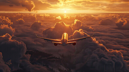 commercial airplane jetliner flying above dramatic clouds in beautiful sunset light. flight travel t