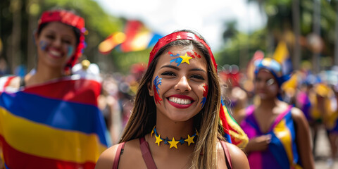 Joyful Celebration on Venezuelan Independence Day. A smiling woman with face paint and vibrant decorations celebrates Venezuelan Independence Day amidst a festive crowd. Perfect for stock images of 