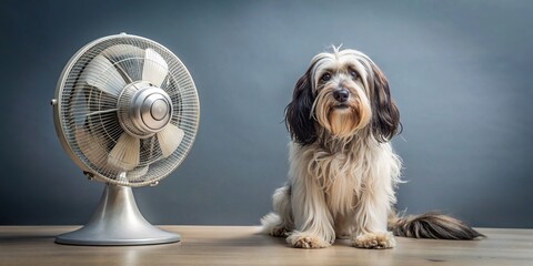 Wall Mural - Tibetan terrier sitting in front of a fan, tibetan terrier, dog, cute, furry, fluffy, pet, sitting, fan, cooling, hot, summer, indoors, domestic, canine, animal, ventilation