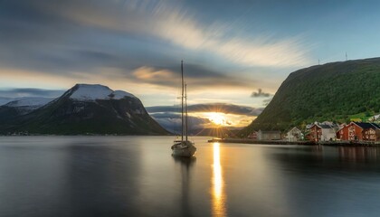 Wall Mural - Midnight sun in Hammerfest, Norway. The sun is low over the fjord. A sailboat drives through the picture