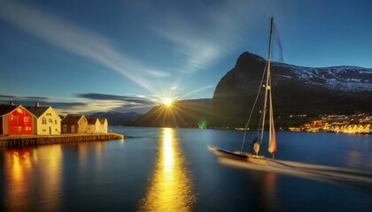 Canvas Print - Midnight sun in Hammerfest, Norway. The sun is low over the fjord. A sailboat drives through the picture