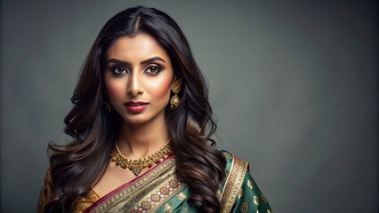 A beautiful Indian woman with long, shiny brunette hair, dressed in a traditional saree