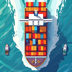 Cargo shipping in international logistics flat design top view maritime theme cartoon drawing vivid