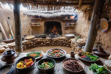 Wall Mural - This image depicts a rustic countryside African kitchen, featuring mud walls, a thatched roof, and a traditional cooking hearth. The simple yet charming space reflects a deep connection to nature