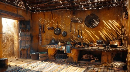 Wall Mural - This image depicts a rustic countryside African kitchen, featuring mud walls, a thatched roof, and a traditional cooking hearth. The simple yet charming space reflects a deep connection to nature