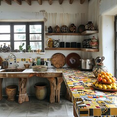 Wall Mural - This image depicts a rustic countryside African kitchen, featuring mud walls, a thatched roof, and a traditional cooking hearth. The simple yet charming space reflects a deep connection to nature