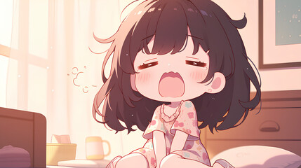 Sticker - Chibi anime girl wakes up wearing cute nightgown