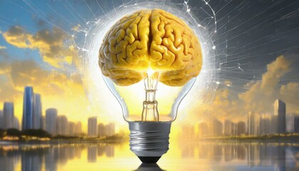 A light bulb with a human brain inside is yellow inside and white around the outside