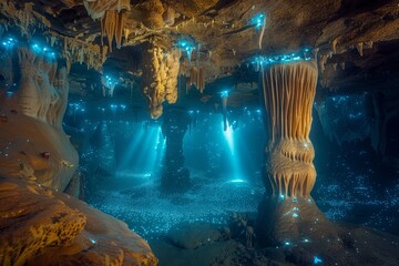Wall Mural - An enchanting underwater cave adorned with stalactites and stalagmites, teeming with bioluminescent creatures casting an ethereal glow