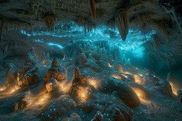 Wall Mural - An enchanting underwater cave adorned with stalactites and stalagmites, teeming with bioluminescent creatures casting an ethereal glow