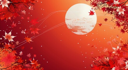 Wall Mural - Red Autumn Leaves Falling Around White Circle Background