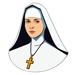 A Catholic nun dressed in a habit and wearing a cross. Portrait of a sister of the Christian faith. Vector art, clipart illustration, isolated on transparent background.