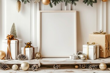 Wall Mural - Christmas Holiday Mockup with Gifts and Decorations