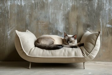 Canvas Print - Serene siamese cat naps comfortably on a chic, cushioned couch in a minimalist setting