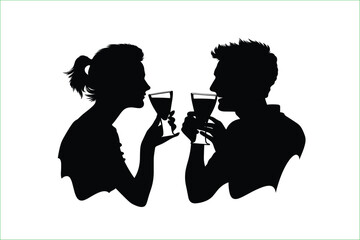 black silhouettes of man and woman drinking standing isolated on a white background. Silhouette of people drinking. Vector of young man and woman drinking. Dating. Drinking. 