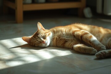 Sticker - Orange tabby cat sleeps peacefully in a warm sunlit spot on the floor