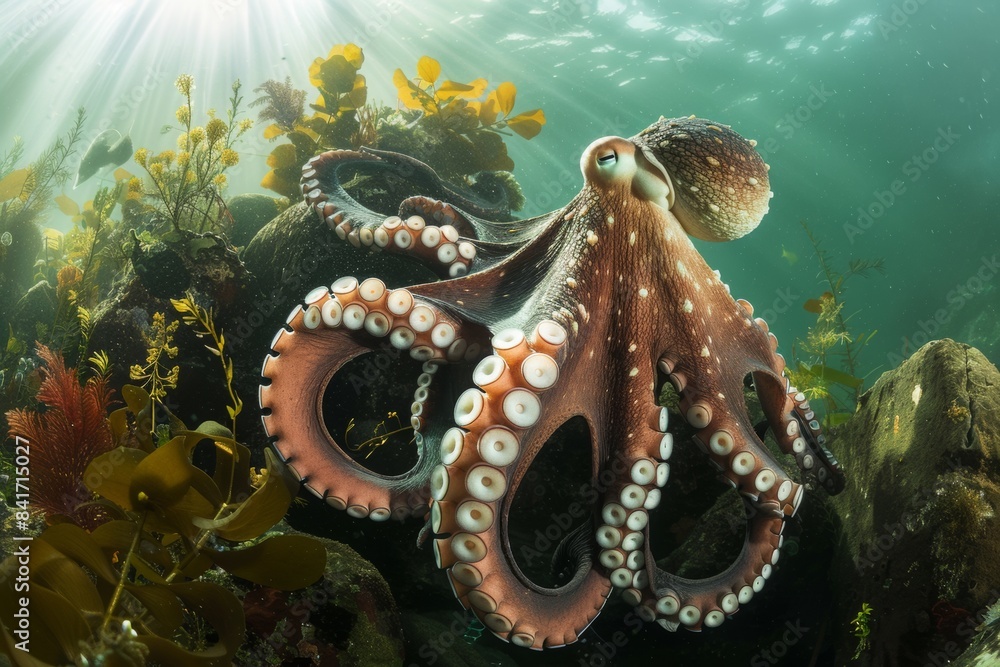 A giant octopus emerging from its rocky lair, its tentacles swirling ...