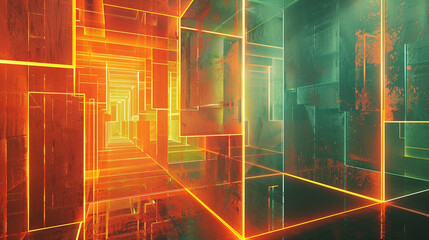 Wall Mural - orange and green glowing abstract geometric lines. powerpoint and business background.