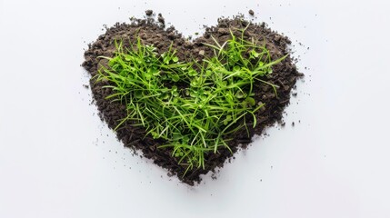 Wall Mural - Grass and soil arranged in a heart shape on a white background viewed from above