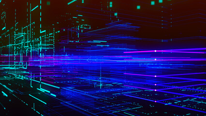 Wall Mural - Abstract digital, technology tunnel. Abstract futuristic sci-fi tunnel with grid of particles and lines. Connection and connections concept. Big data. 3D rendering.