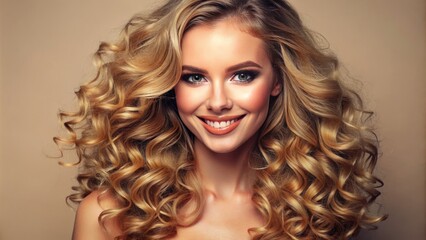 Vibrant beige background highlights stunning cosmetic beauty with luscious curly locks, radiant glowing complexion, and flawless facial features, epitomizing healthy skin and captivating smile.