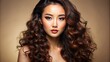 © DigitalArt Max - Vibrant portrait of a stunning asian beauty with curly long hair, flawless glowing skin, and radiant makeup against a soft beige isolated background.