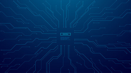 Fototapete - Circuit connected lines on technology blue background. Circuit board. Ai Tech bg. Semiconductor or CPU processor in the center. Computing electronics concept. Abstract digital vector illustration.