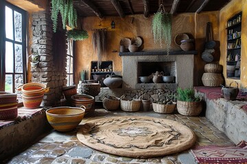 Wall Mural - This image depicts a rustic countryside African kitchen, featuring mud walls, a thatched roof, and a traditional cooking hearth. The simple yet charming space reflects a deep connection to nature