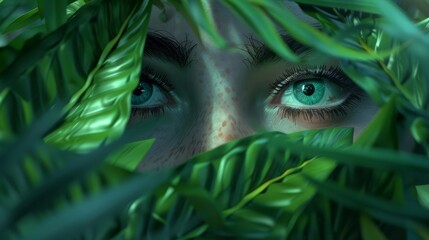 Wall Mural - enchanting emerald eyes curious gaze amidst lush jungle foliage 3d illustration