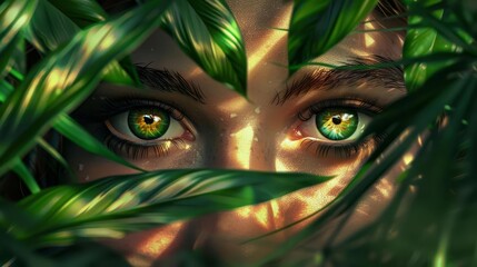 Wall Mural - enchanting emerald eyes curious gaze amidst lush jungle foliage 3d illustration