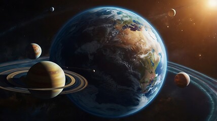 earth revolving against a striking blue and black background.