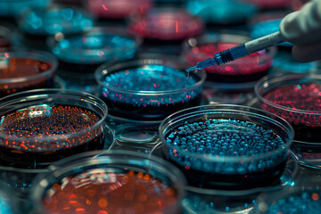 Poster - Close up of a scientist dropping a blue liquid into a petri dish with a syringe
