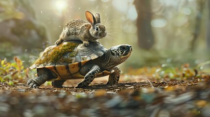 fast turtle carrying rabbit on back surreal ai generated animal race illustration