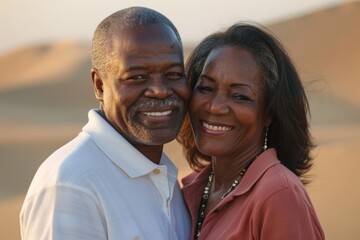 Wall Mural - Portrait of a happy afro-american couple in their 40s donning a classy polo shirt on backdrop of desert dunes